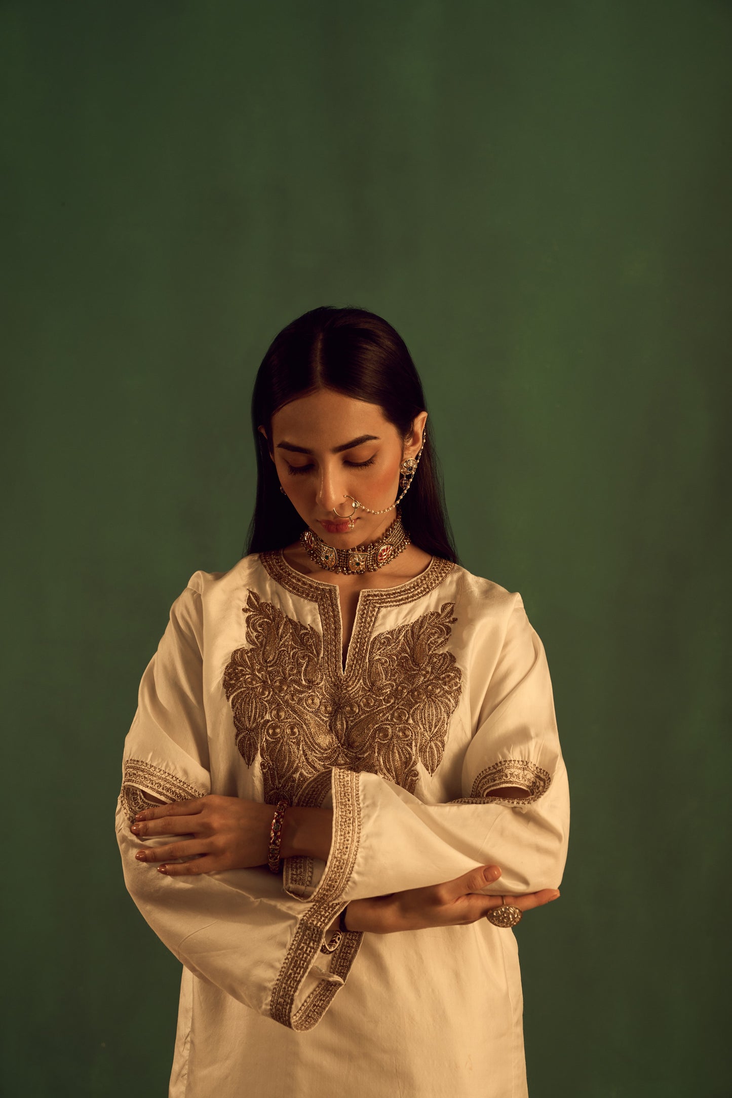 Korab White and Black Pure Silk Suit Set