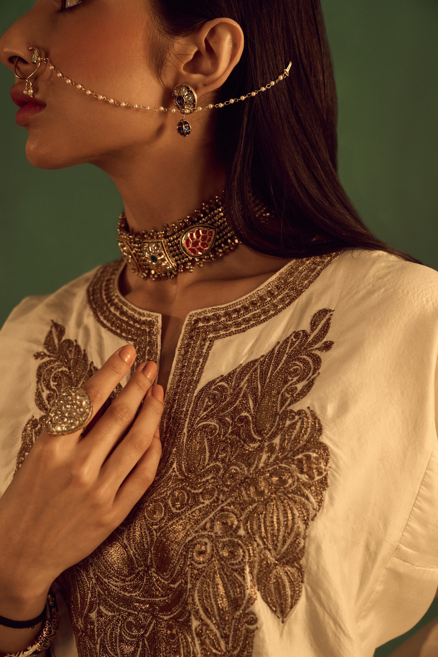 Korab White and Black Pure Silk Suit Set