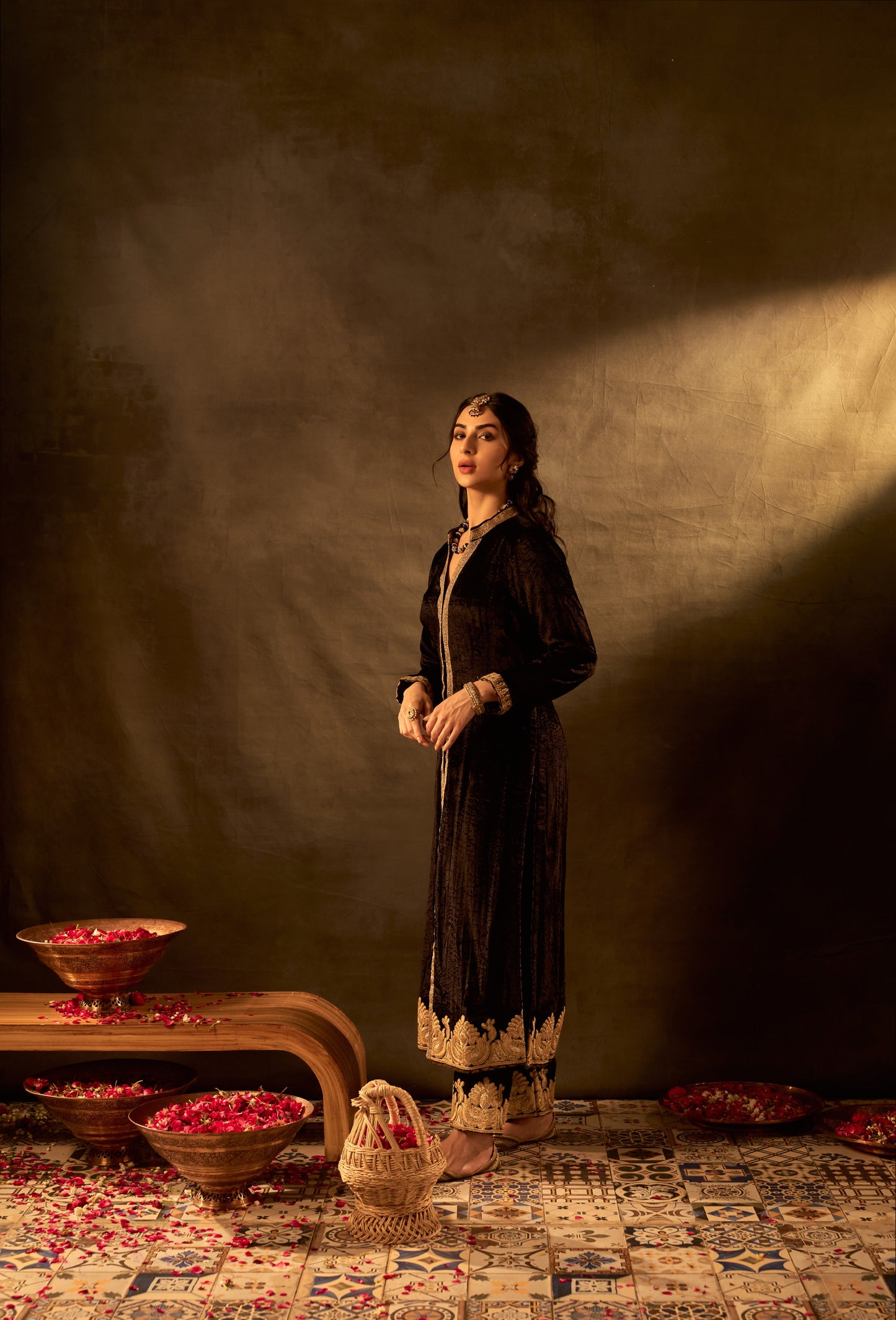 Black Velvet Front Slit Jacket Set With Pants and Dupatta