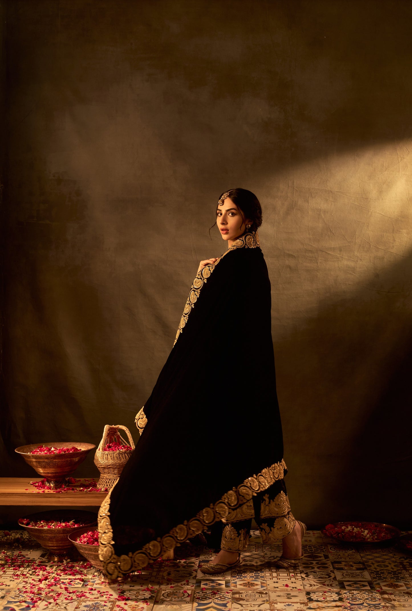 Black Velvet Front Slit Jacket Set With Pants and Dupatta