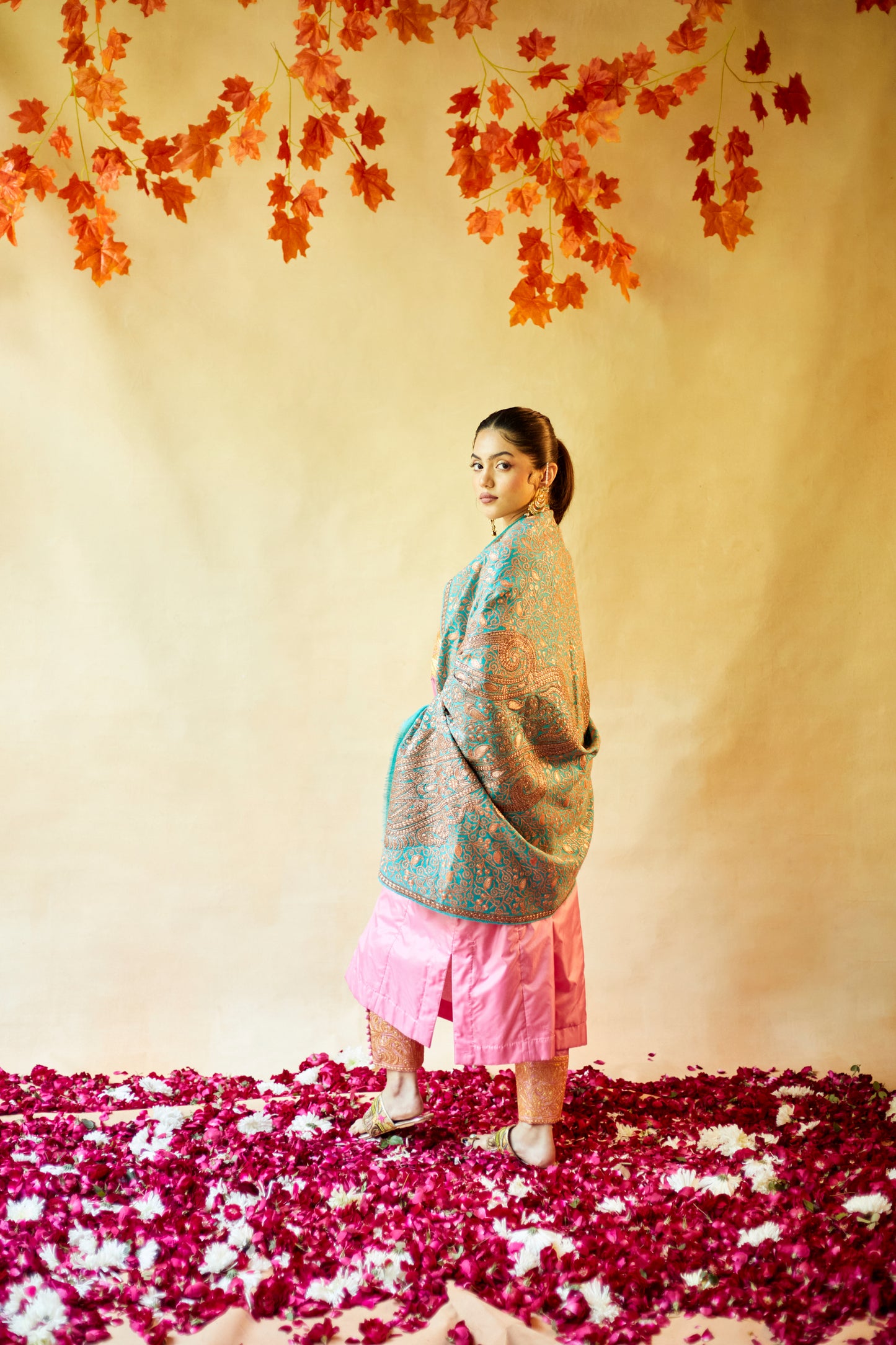 Pure Pashmina All Over Jaali Turquoise and Gold Shawl