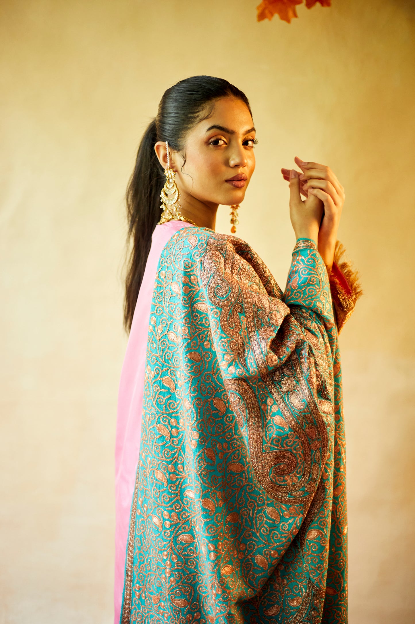 Pure Pashmina All Over Jaali Turquoise and Gold Shawl