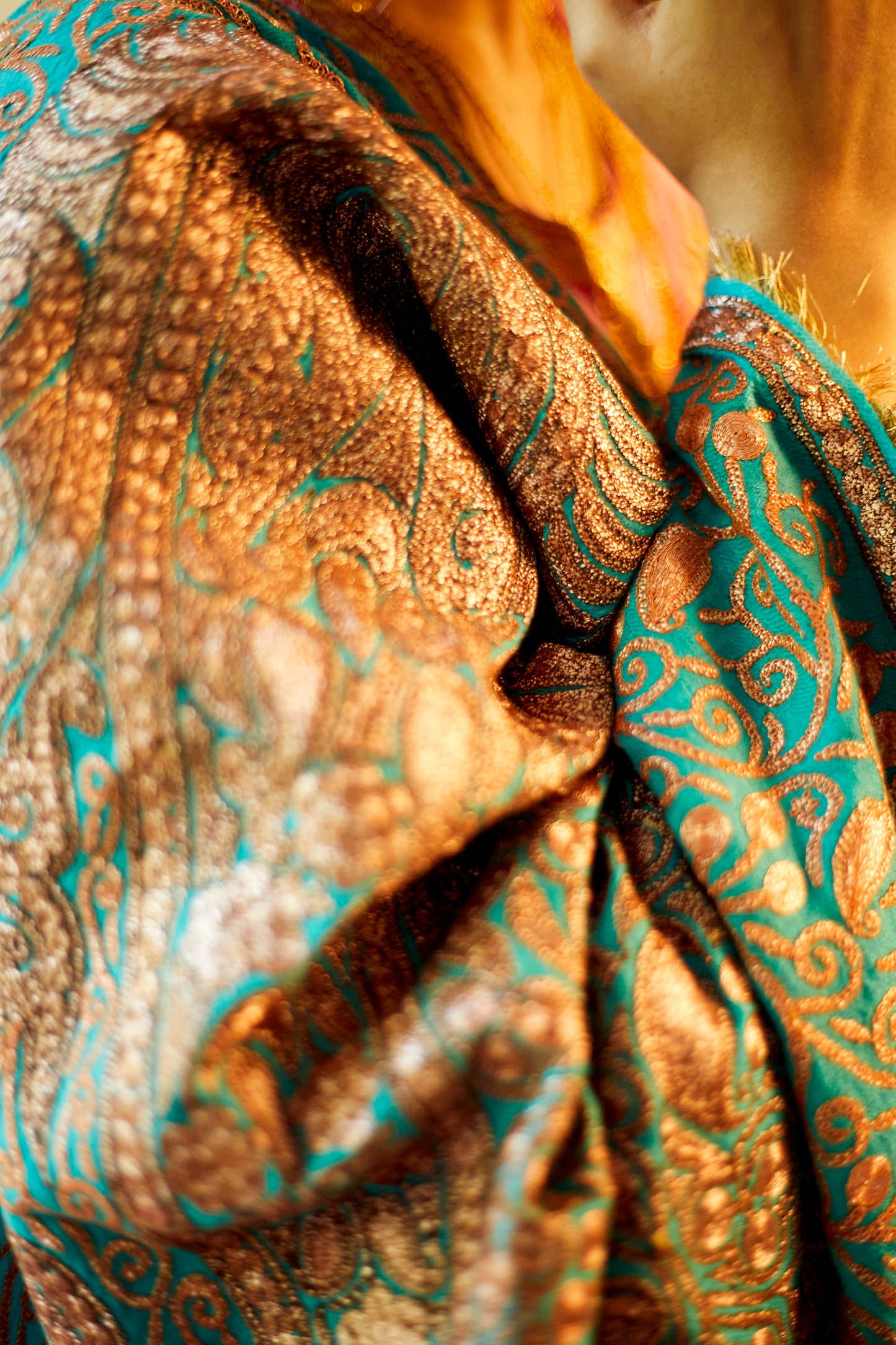 Pure Pashmina All Over Jaali Turquoise and Gold Shawl