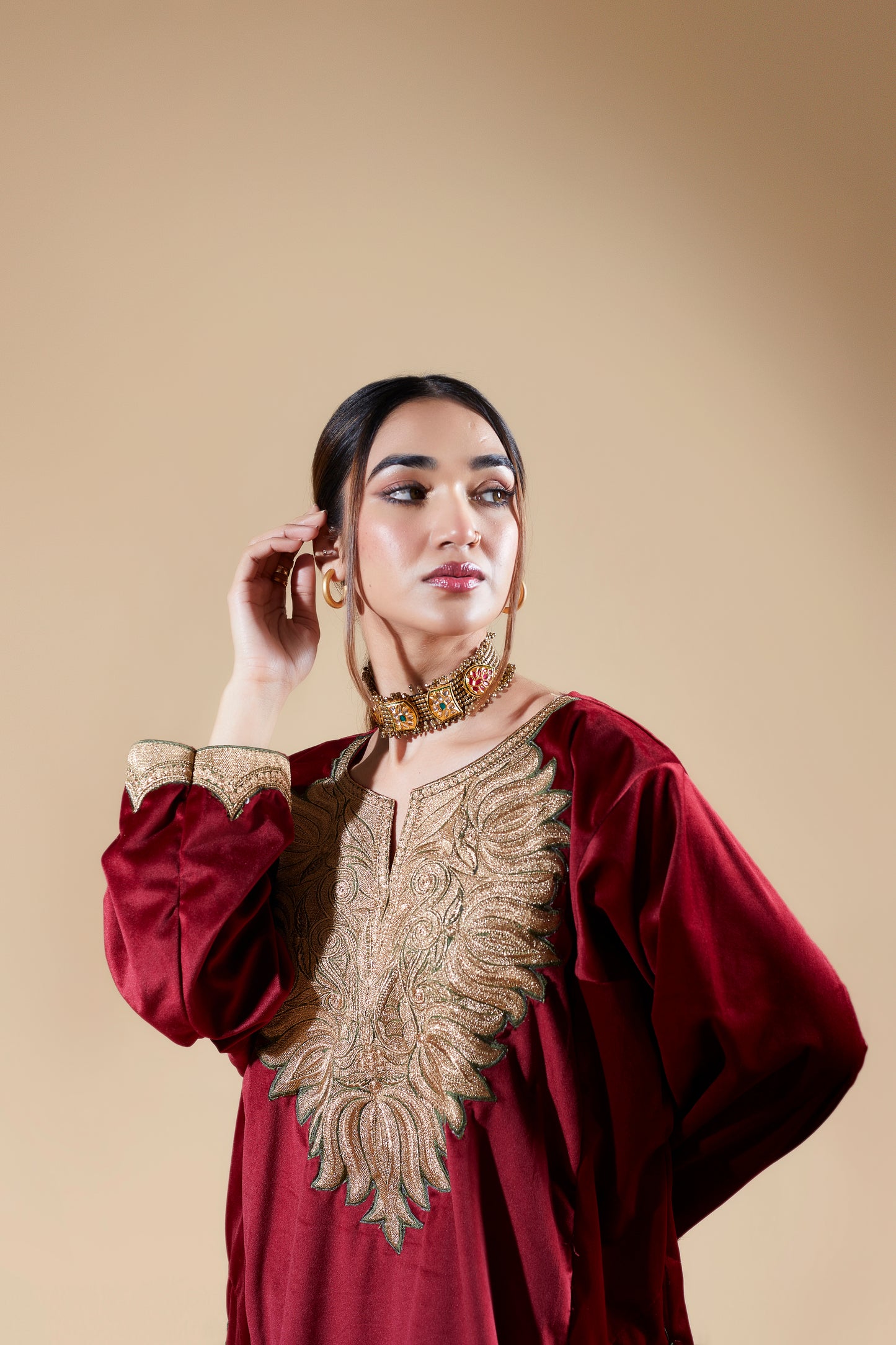 Maroon Silk Velvet Pheran Set