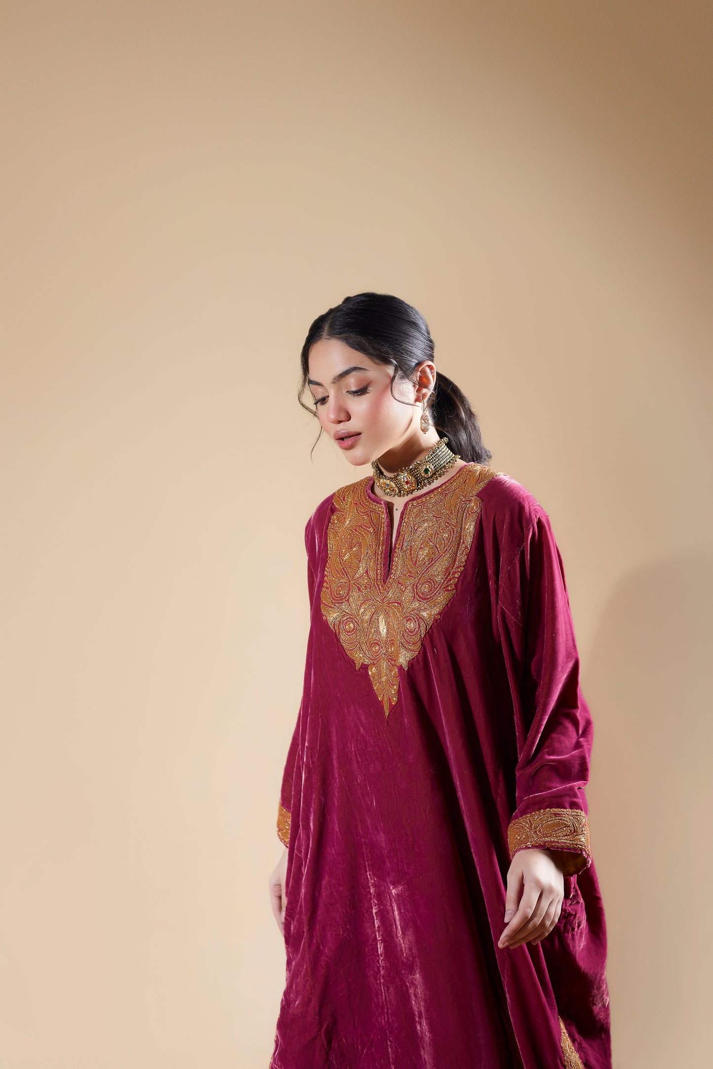 Dark Pink Silk Velvet Pheran Set