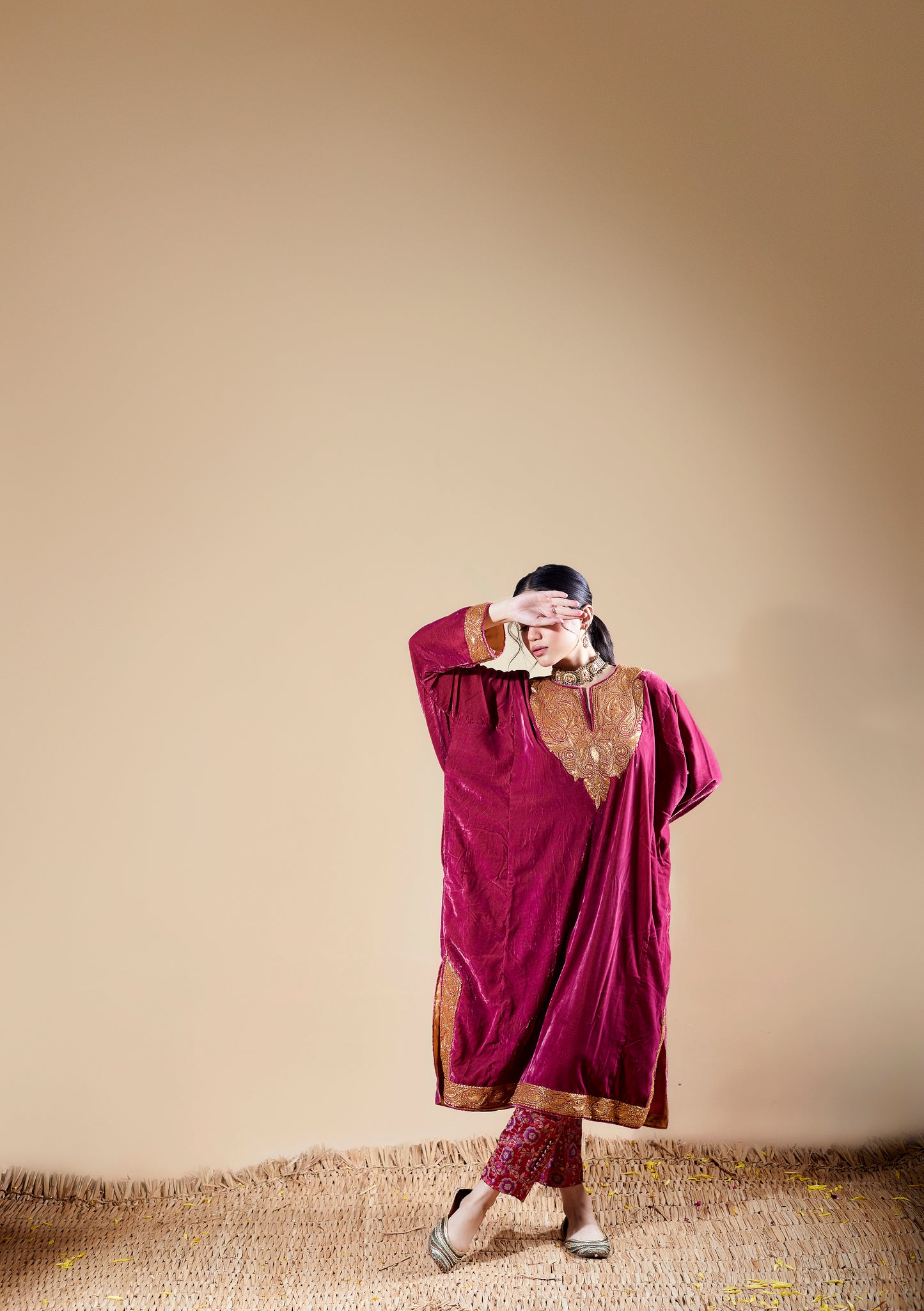 Dark Pink Silk Velvet Pheran Set