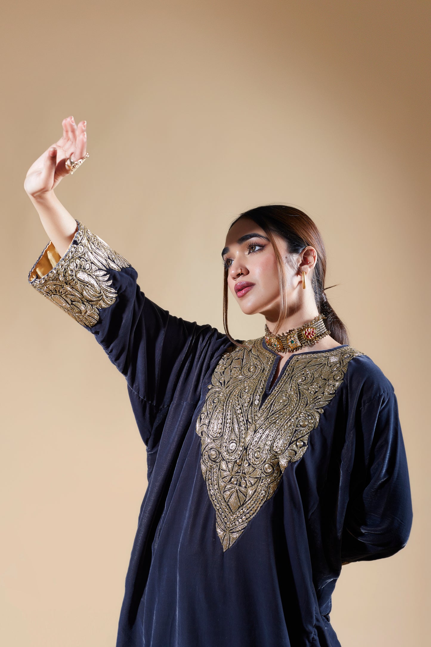 Dark Gray Silk Velvet Pheran Set