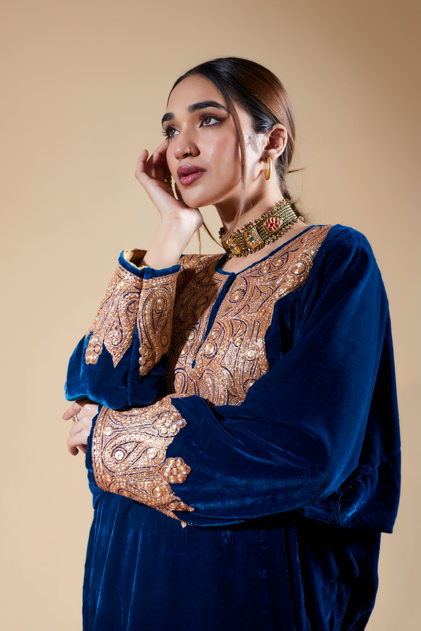 Ink Blue Silk Velvet Pheran Set