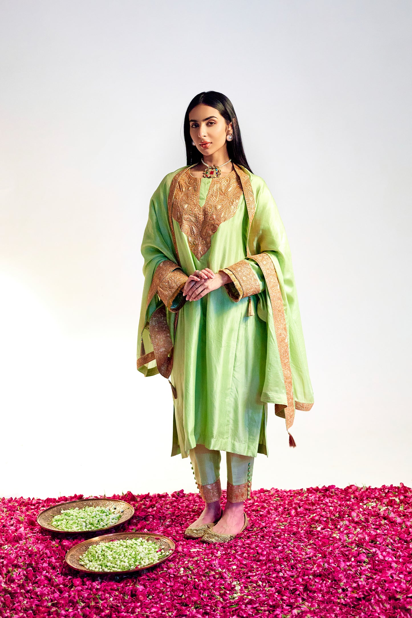 Mint Green Pure Silk Suit Set, Gold Tilla