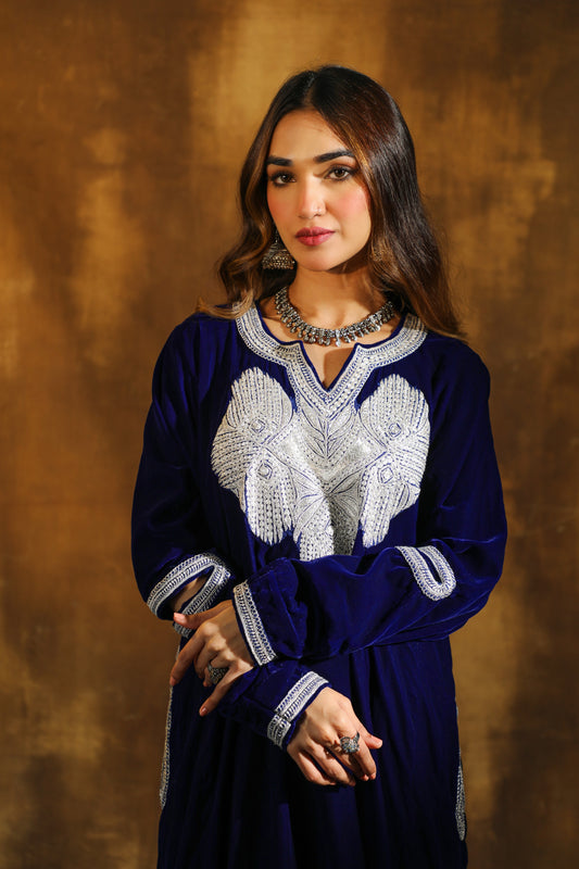 Midnight Blue Pure Silver Tilla Pheran Set