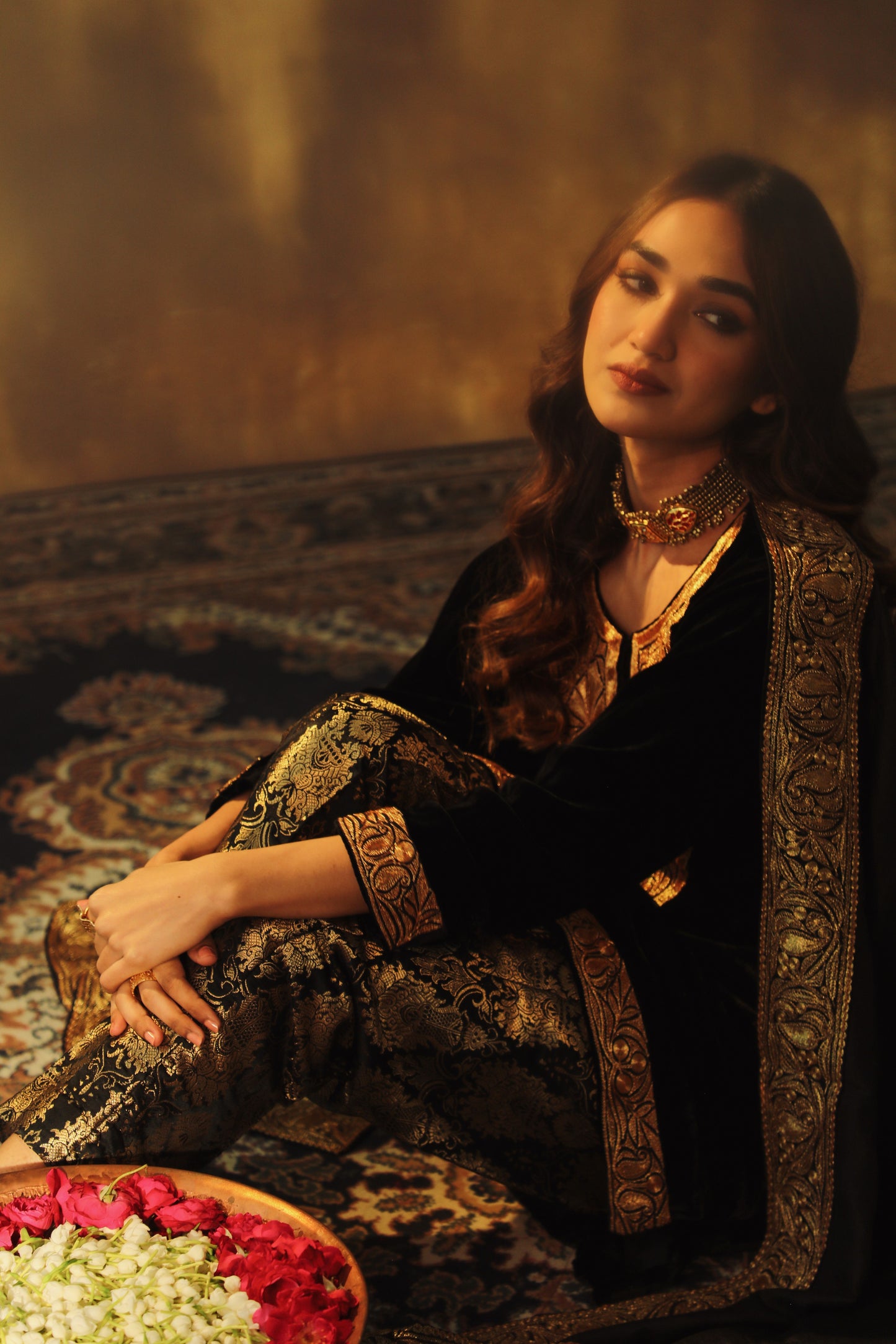 Black Silk Velvet Pheran Suit Set