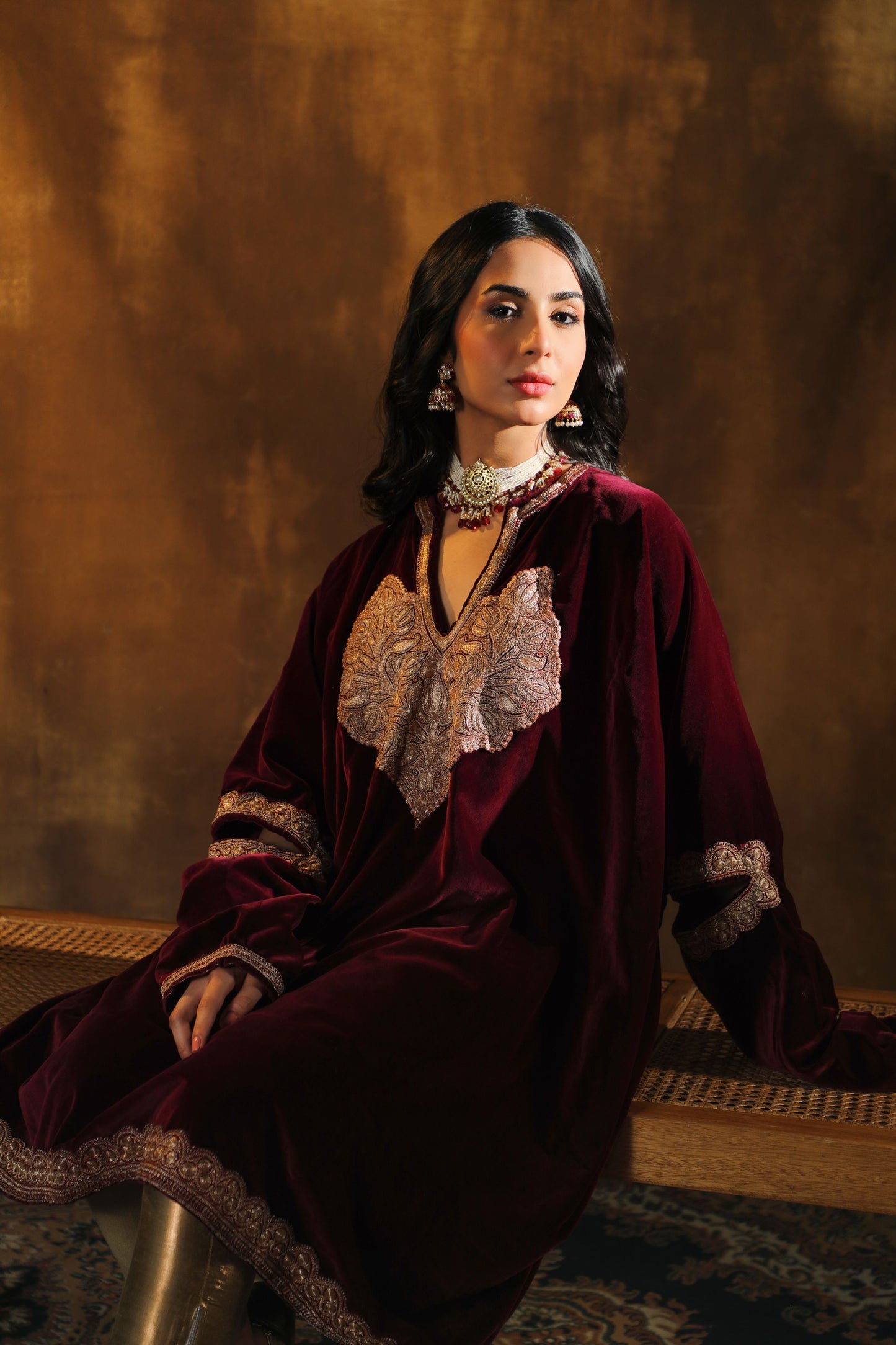 Antique Maroon Silk Velvet Pheran