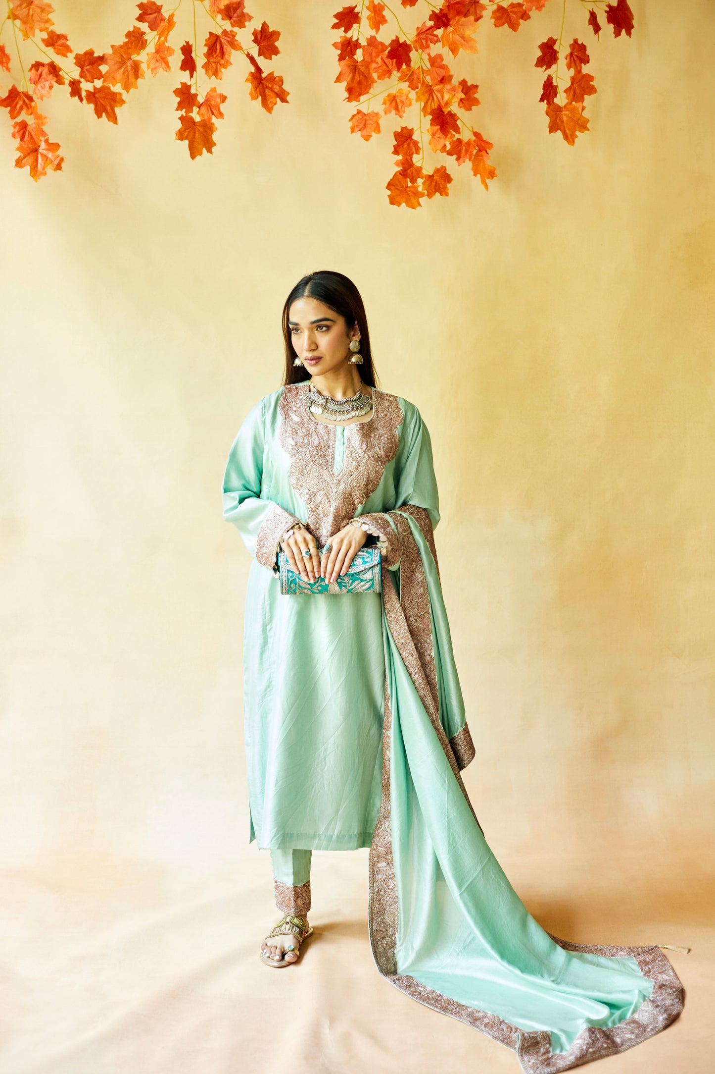 Mint Green Pure Silk Suit Set, Silver Tilla