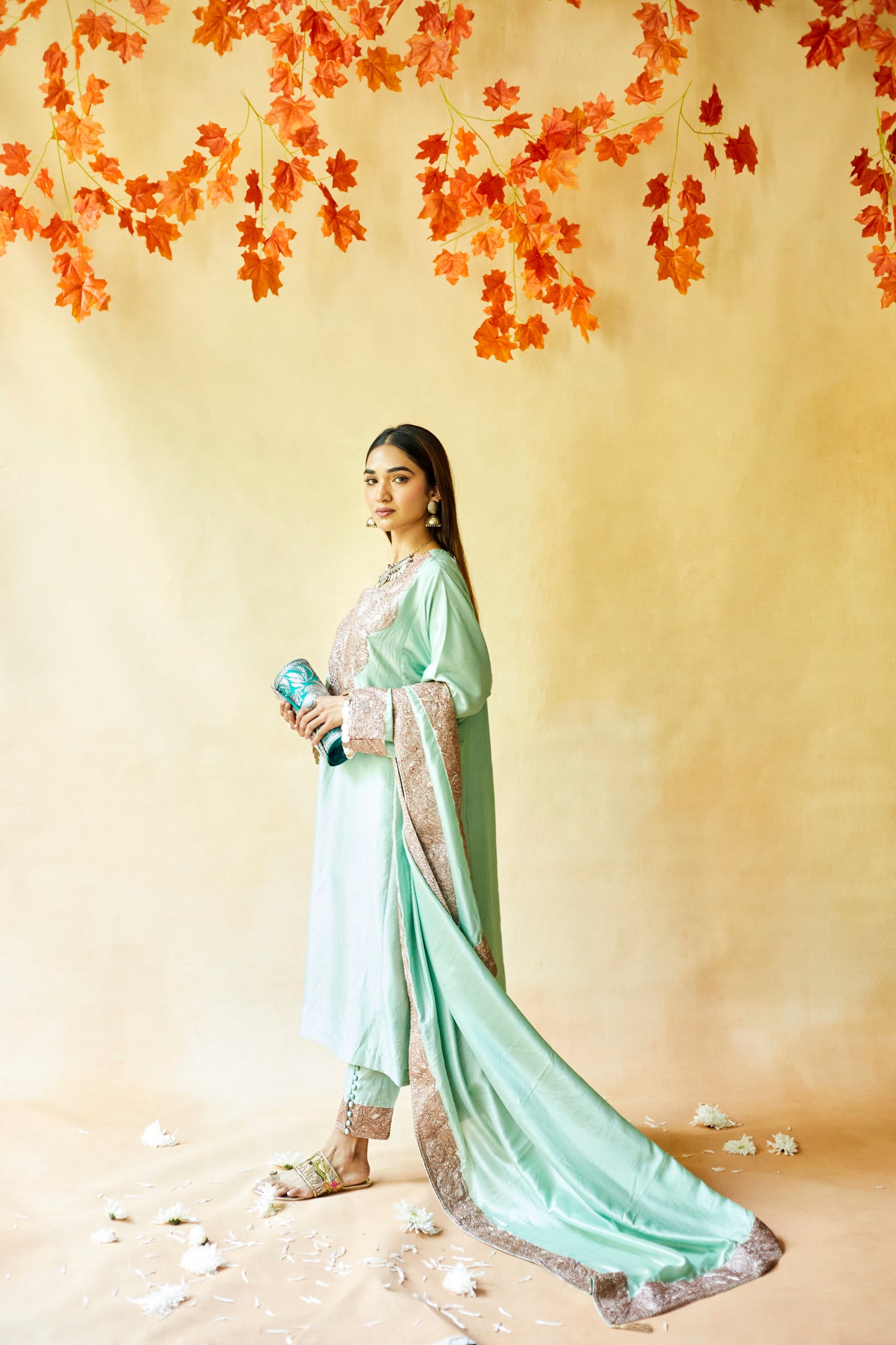 Mint Green Pure Silk Suit Set, Silver Tilla