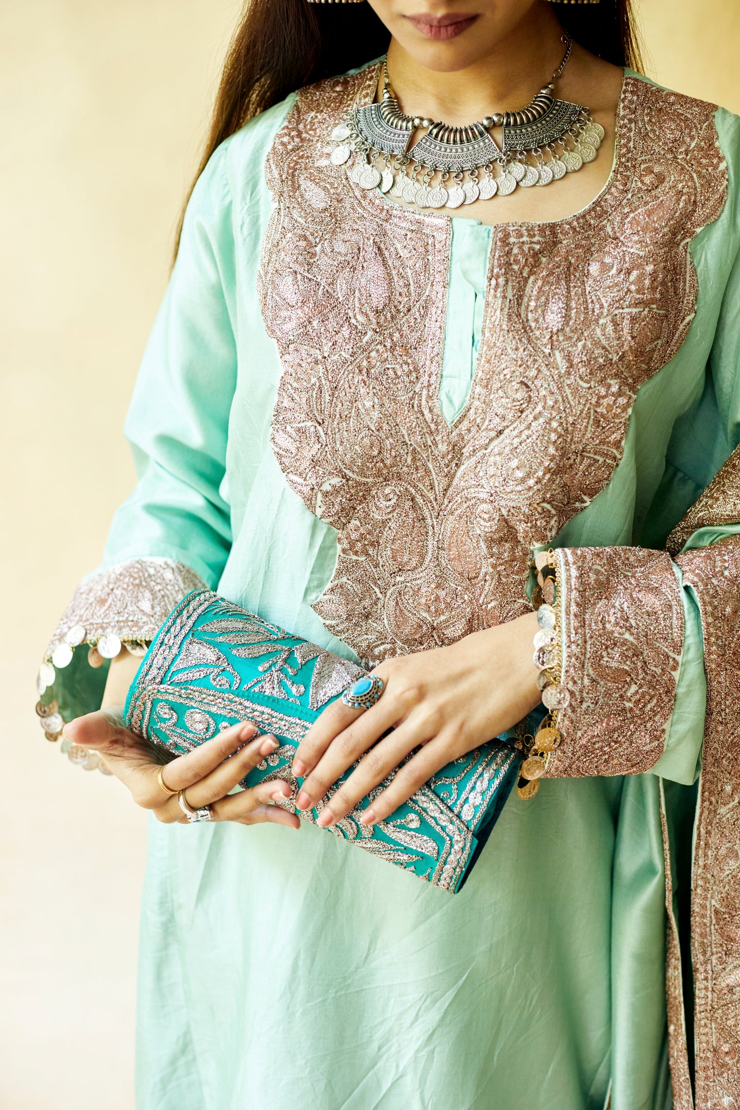 Mint Green Pure Silk Suit Set, Silver Tilla