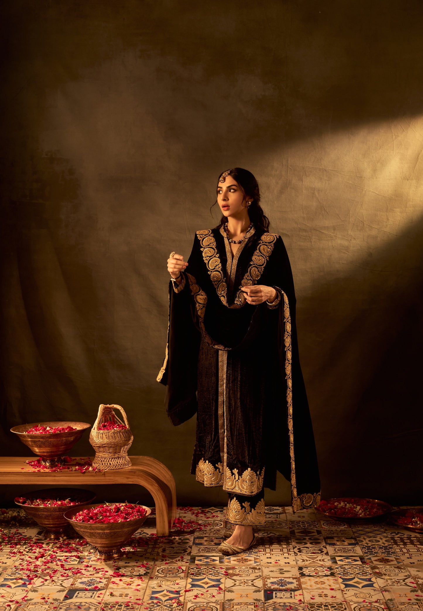 Black Velvet Front Slit Jacket Set With Pants and Dupatta